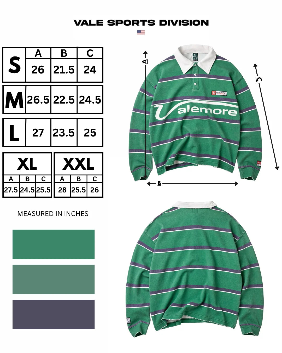 Vale Green Valemore Rugby Long Sleeve, size guide listing length, width and sleeve for S to XXL