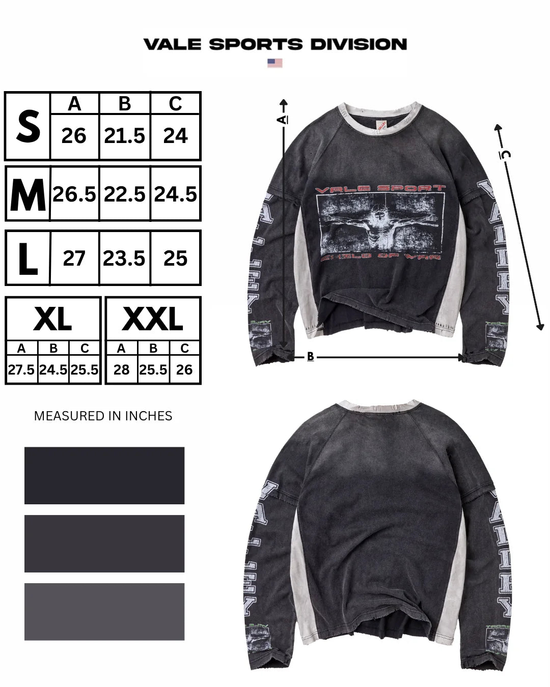 Vale Sports Division size chart for the Holy Spirit Long Sleeve, listing body length, width and sleeve