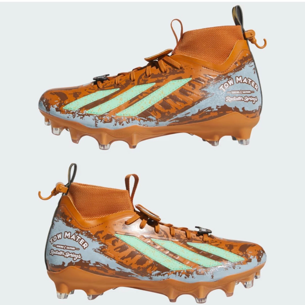 Adidas Pixar Cars Adizero Impact II cleats — two-up composite showing the lateral profile and studded plate