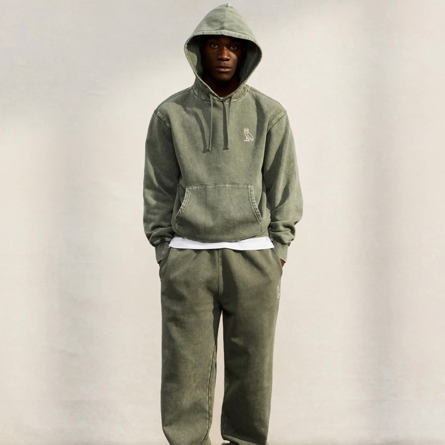 OVO Washed Green Hoodie On Body 4