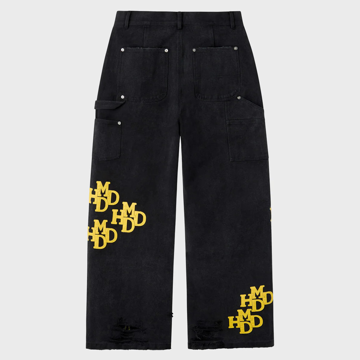 HMDD Black Yellow Patch Double Knee Pants, back view with patch pockets, hammer loop and yellow monogram patches on the leg