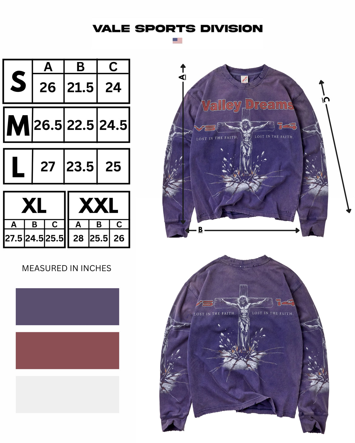 Vale Sports Division size chart for the Navy Concrete Cross Long Sleeve, listing length, width and sleeve