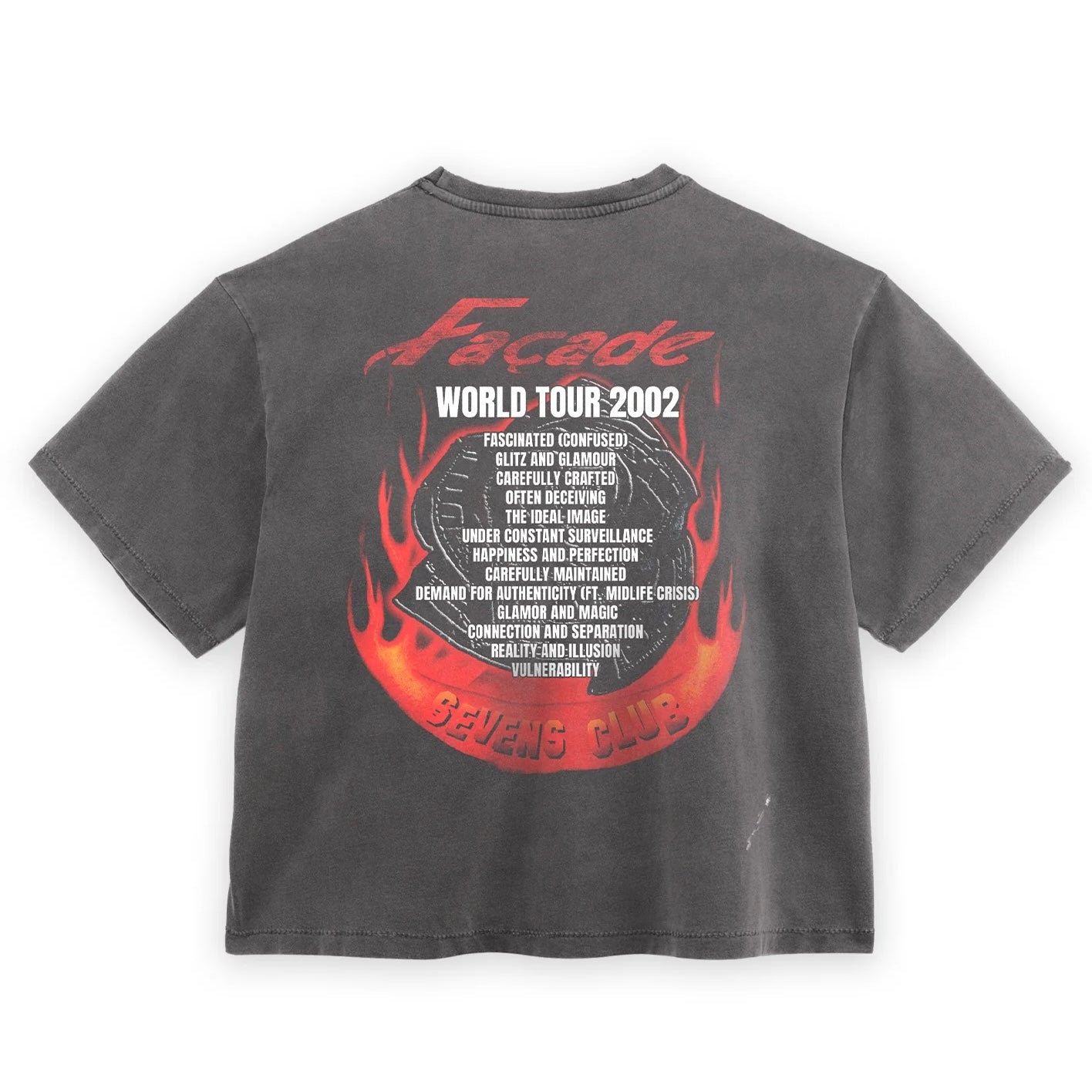 Sevens Club Flamerock T-Shirt, back of the faded tee: WORLD TOUR 2002, a tracklist and a red flaming circle logo