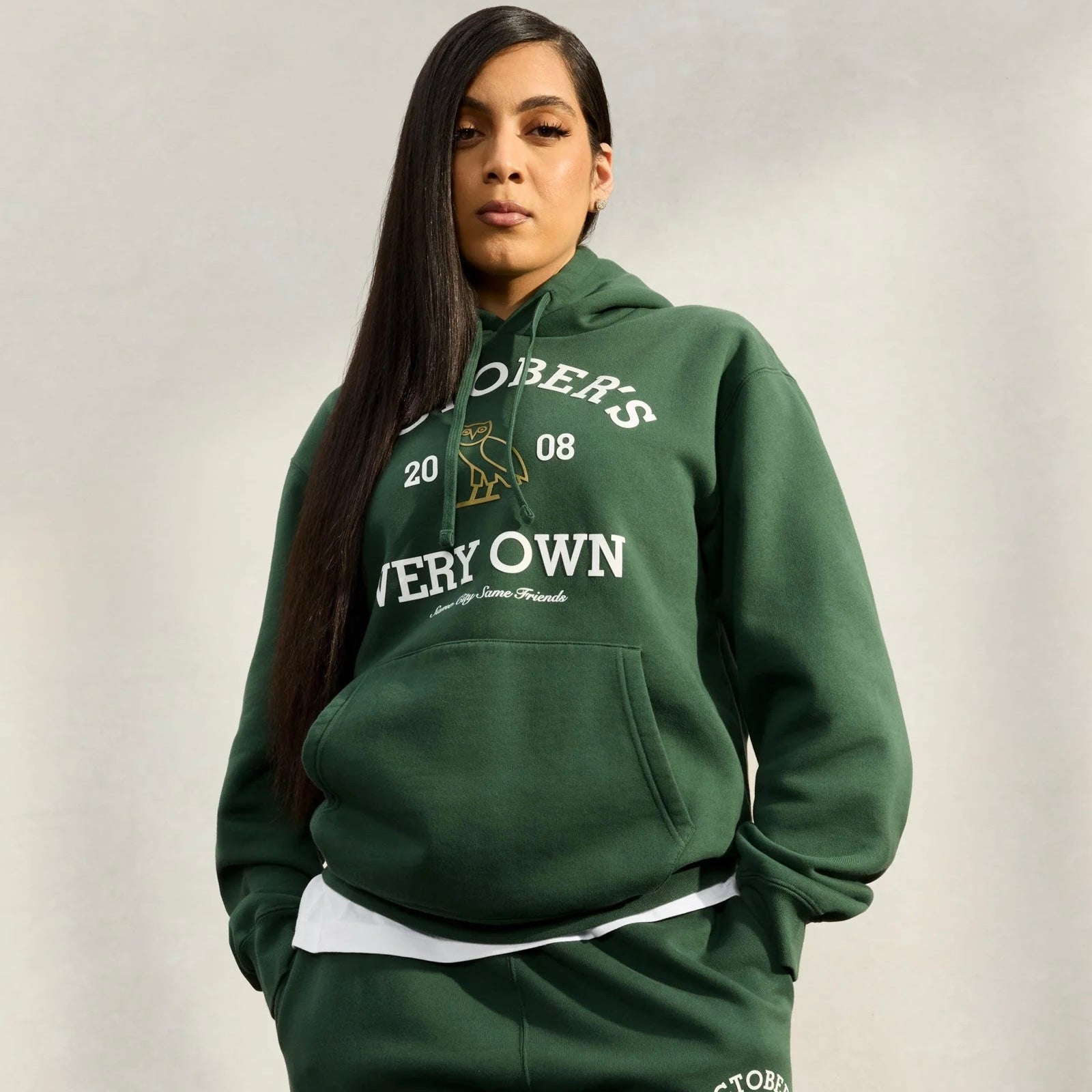 OVO Forrest Green Collegiate Hoodie On Body 3