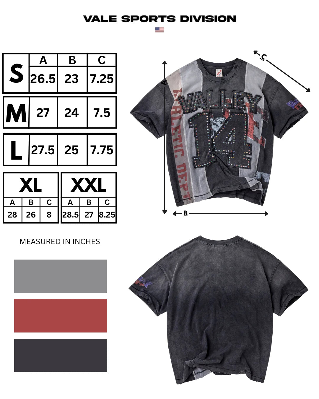 Vale Sports Division size chart for the Chop N Screw Tee, listing body length, width and sleeve length