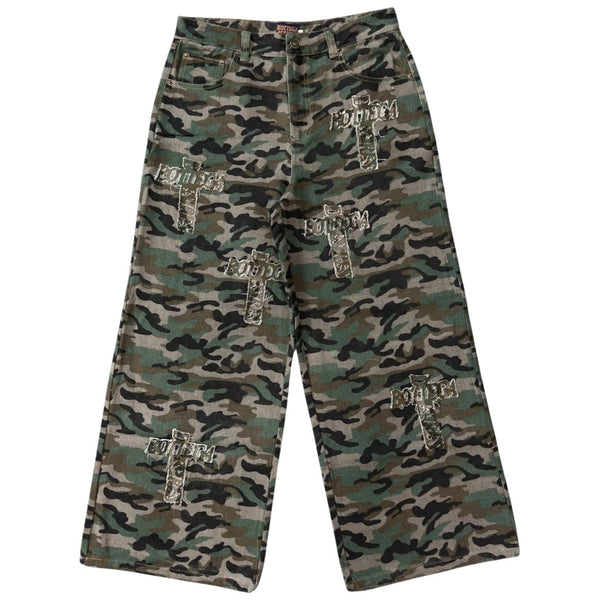Bottega Desires Holy Grail Denim Camo Pants, wide-leg camo denim pants scattered with silver studded cross and lettering motifs