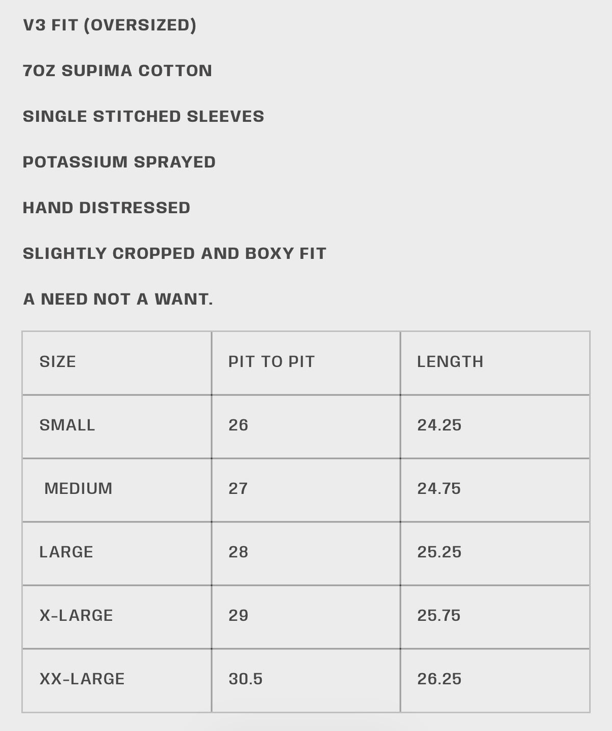 HMDD White Chimmers Ghost Pocket Tee size chart — oversized V3 fit card with pit to pit and length in inches