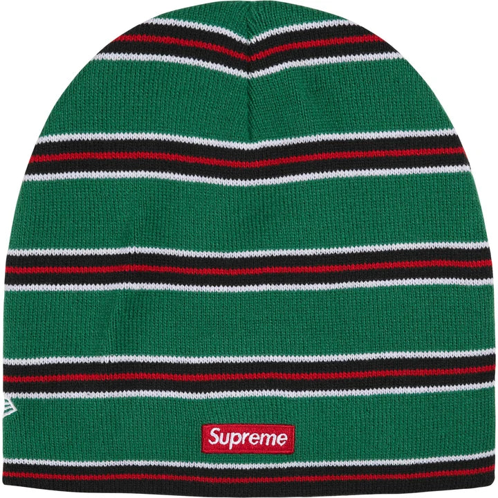 Back of the green Supreme New Era striped beanie with a small red box logo