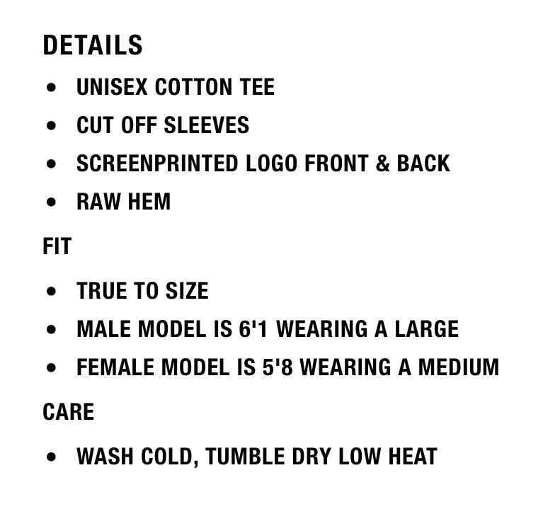 Product details card listing construction, fit and care notes for the cut-off tee