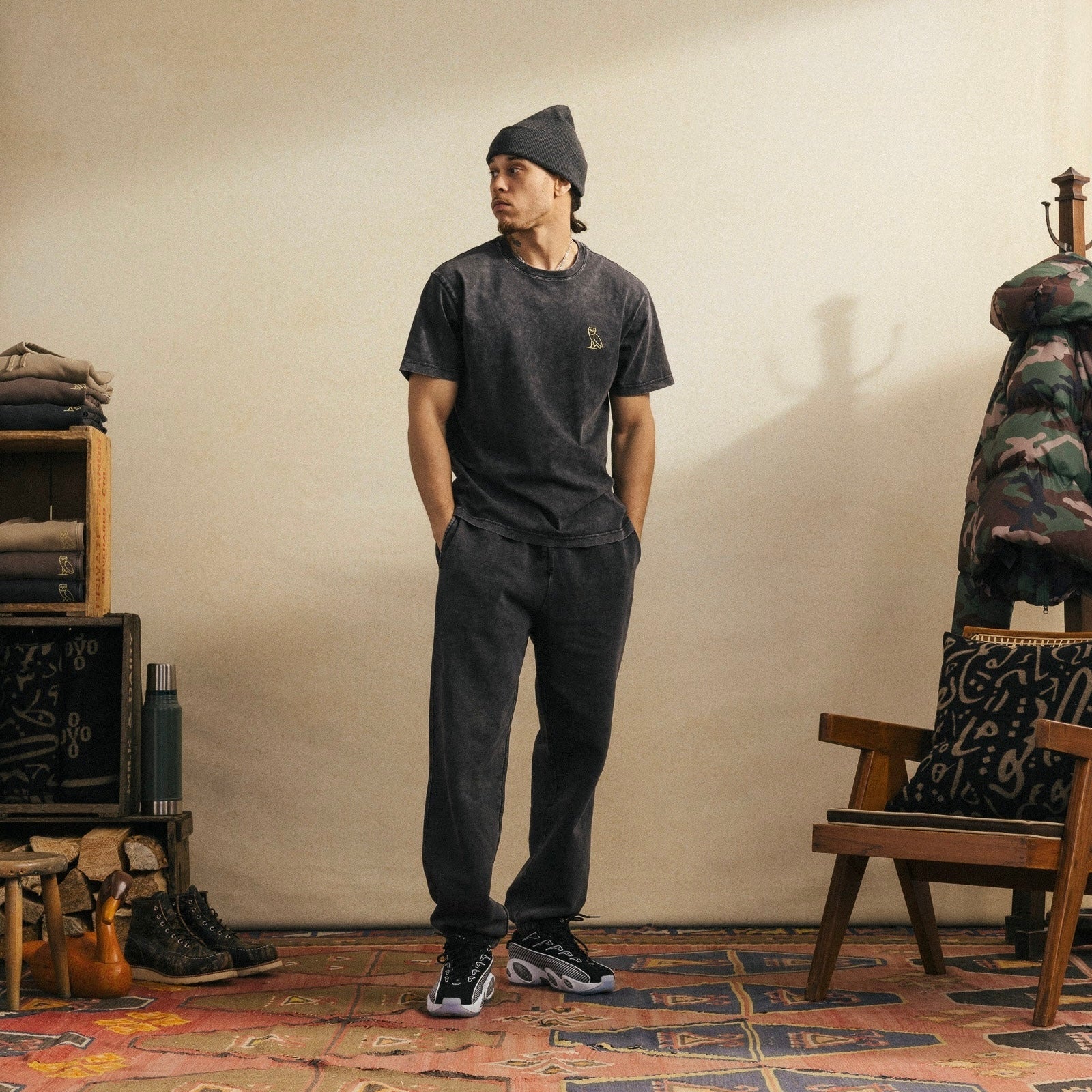 OVO Washed Black T-Shirt On Body View