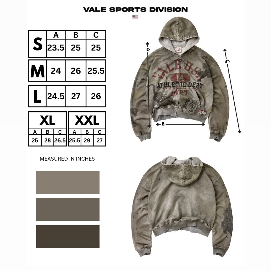 Vale Varsity Zip Hoodie size chart showing length, width and sleeve columns with colour swatches