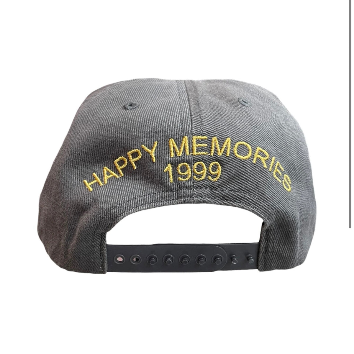 HMDD Basketball 3v3 Hat back — yellow HAPPY MEMORIES 1999 embroidery above the black snapback strap