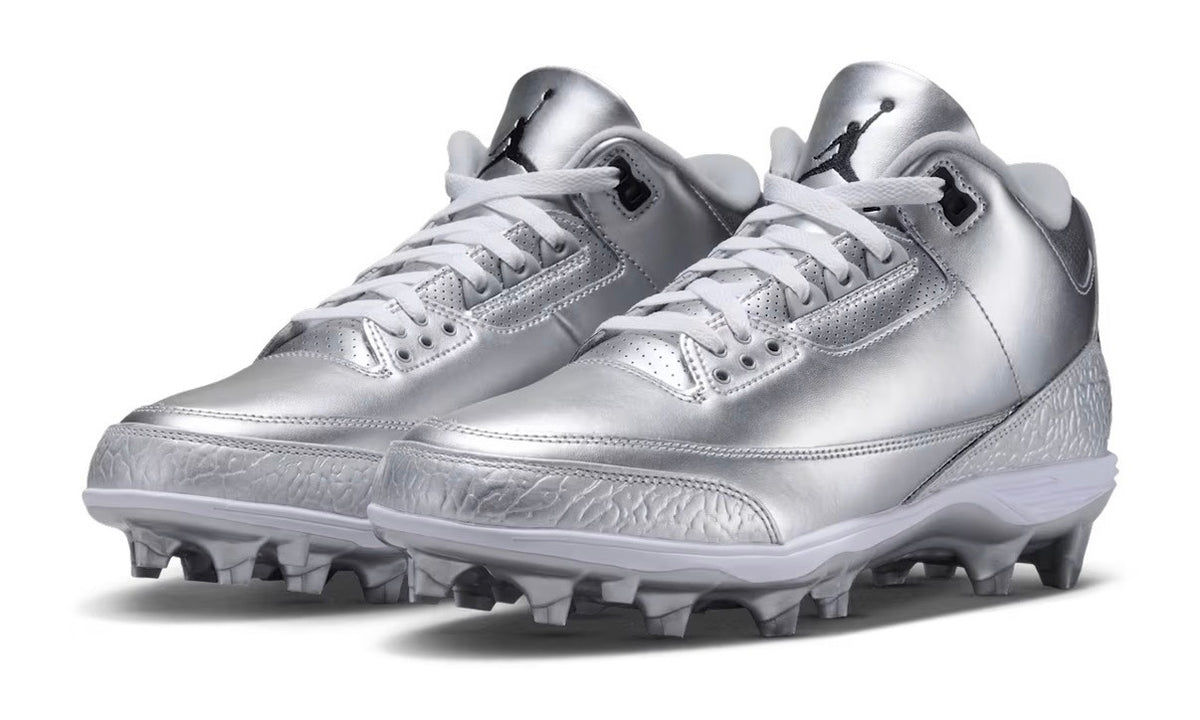 Jordan 3 Mid TD Metallic Silver Football Cleats pair, front three-quarter — black Jumpman tongue logos