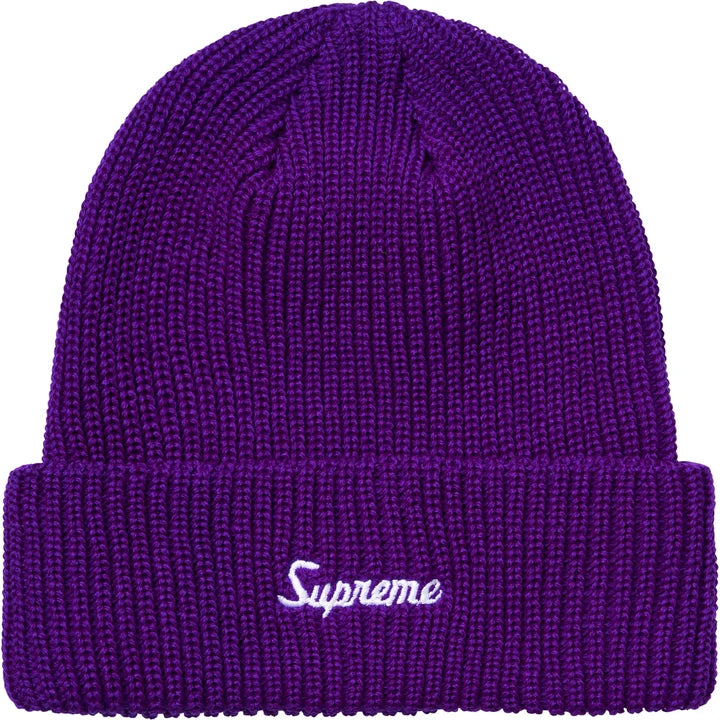 Vivid purple chunky ribbed beanie with white Supreme script on the folded cuff