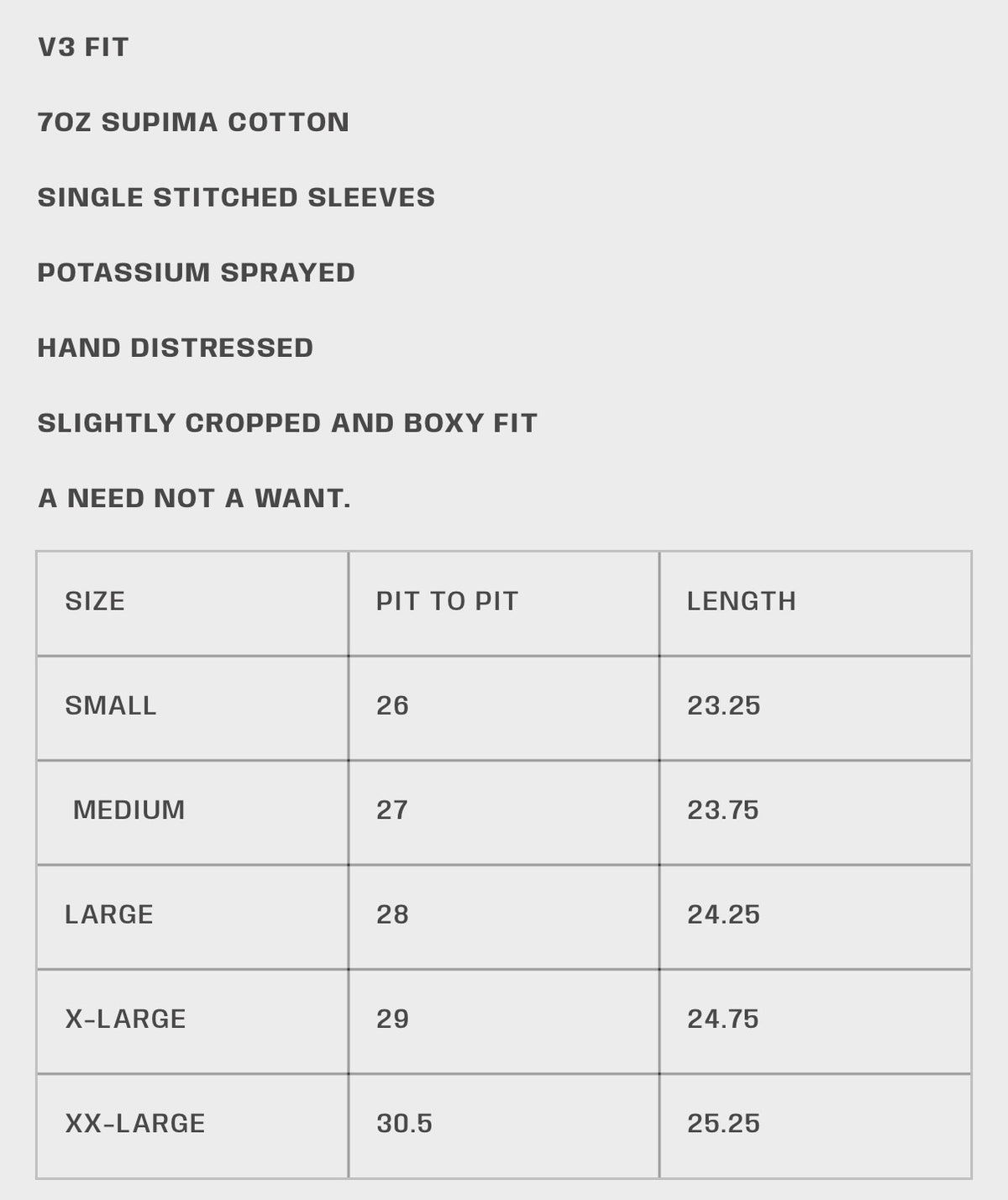 HMDD V3 fit tee size chart — Supima cotton spec card with pit to pit and length measurements in inches