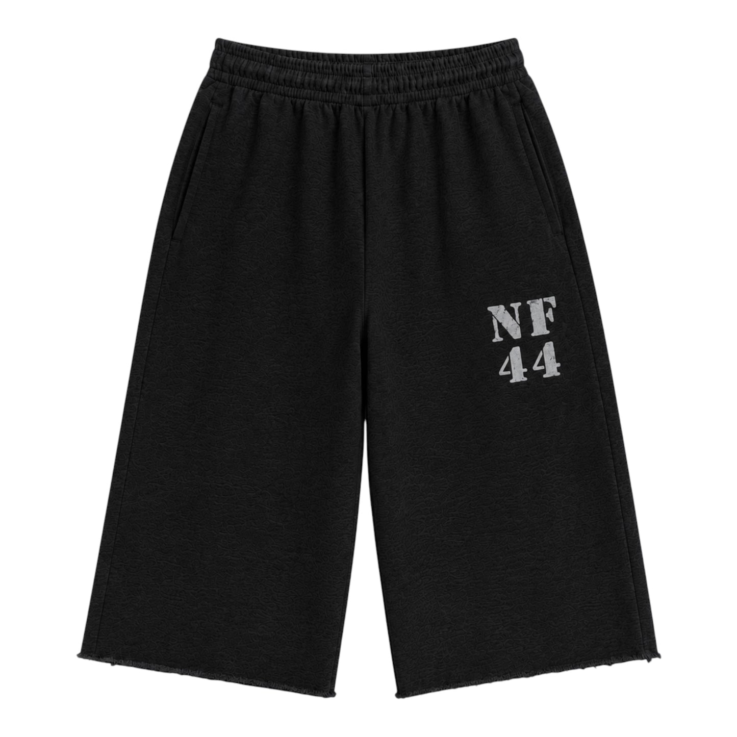 No Feelings Black Militia NF44 3/4 Shorts, front view of wide-leg washed black sweat shorts cut below the knee with a grey NF 44 print on the left thigh and a raw frayed hem