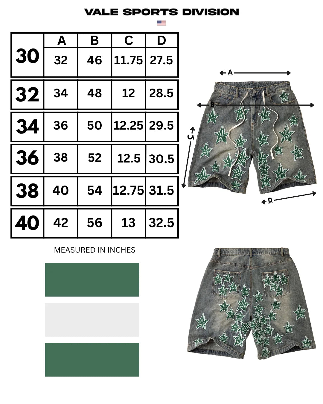 Vale Allstar Jorts, Vale Sports Division size guide in inches for waists 30 to 40 with A, B, C and D measurement columns