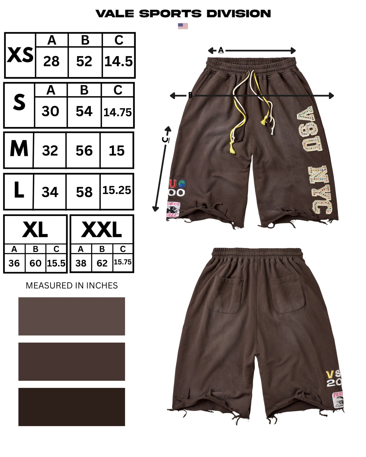 Vale Sports Division size chart for the Brown VSU 3/4 Sweats, listing waist, hip and length in inches
