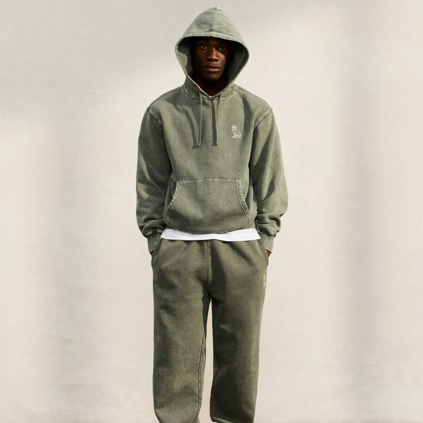OVO Washed Green Sweatpants On Body 1