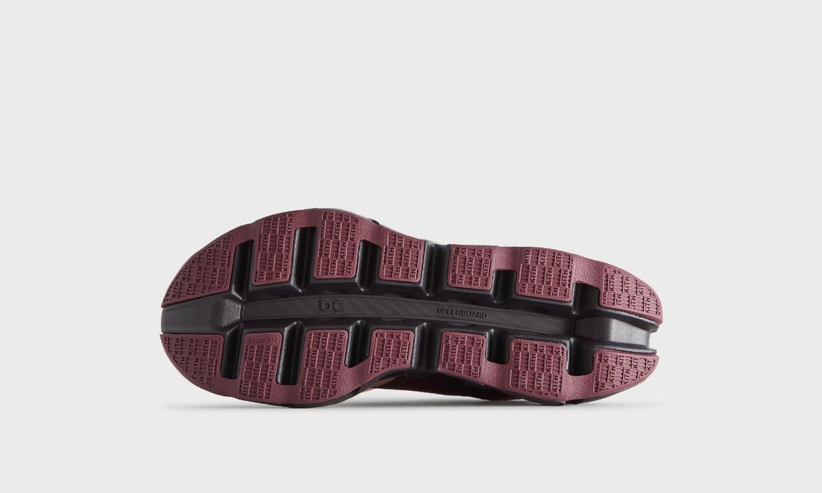 Kith On Running K-Tech 2 Ruby Ox, burgundy outsole with black center channel