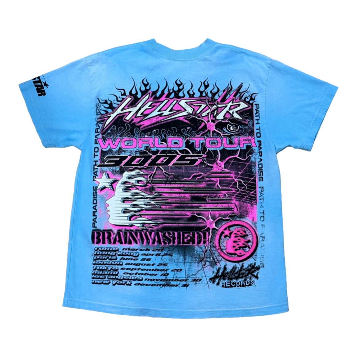 Hellstar Baby Blue Neuron Tour Tee back with Brainwashed lettering and a world tour date list