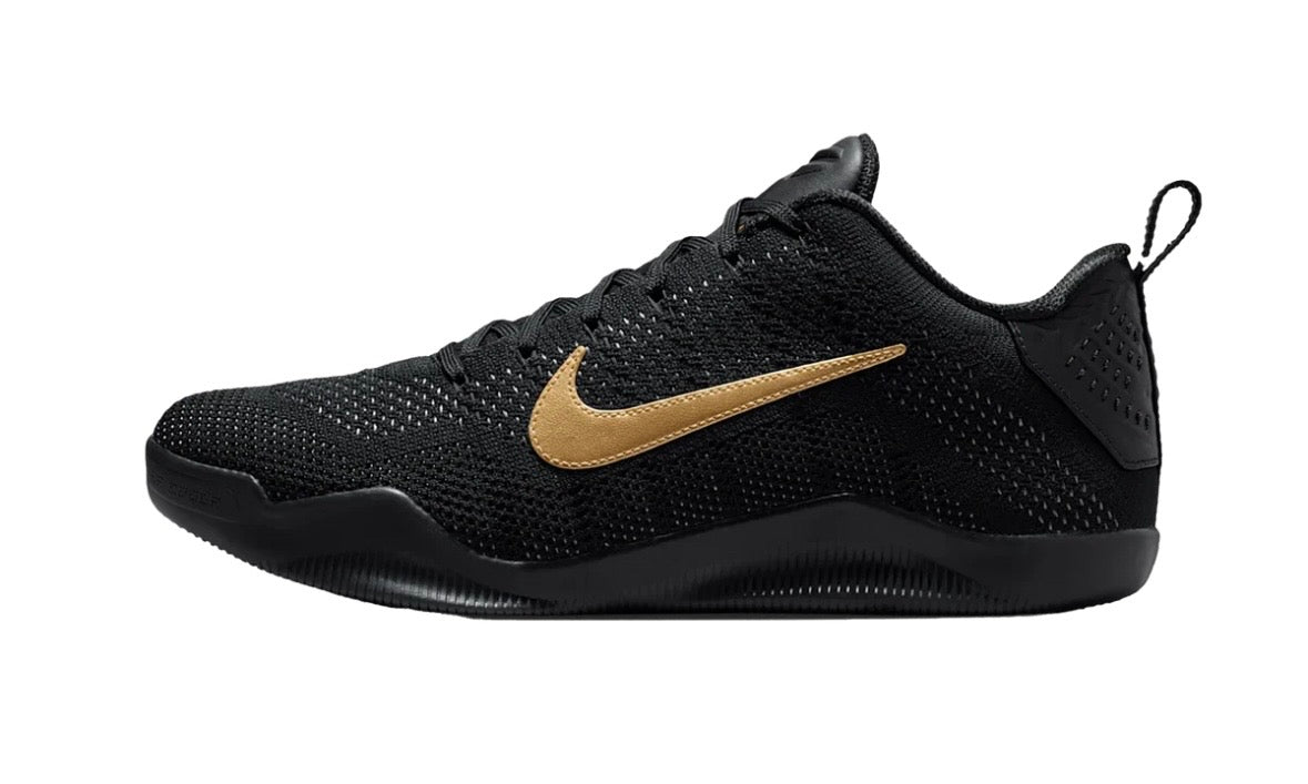 Nike Kobe 11 Elite Low Protro Fade to Black, black knit low-top in side view with a gold Swoosh and black sole