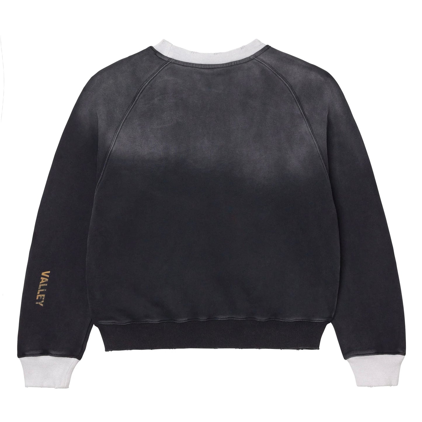 Vale Black Prison Break Crewneck, back of the washed black sweatshirt, plain body with contrasting white ribbed collar
