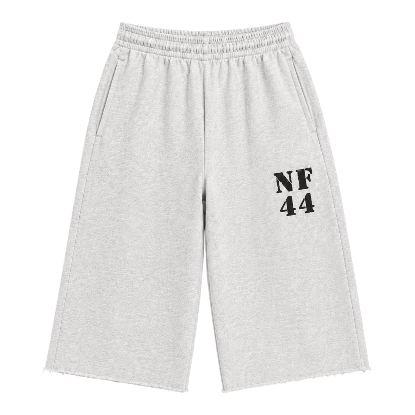 No Feelings Grey Militia NF44 3/4 Shorts, front view of wide-leg heather grey sweat shorts cut below the knee with a black NF 44 print on the left thigh and a raw frayed hem