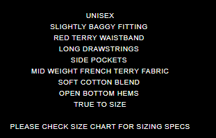 GV Gallery CEO Sweats spec card — black text card listing the fabric, red terry waistband and fit details