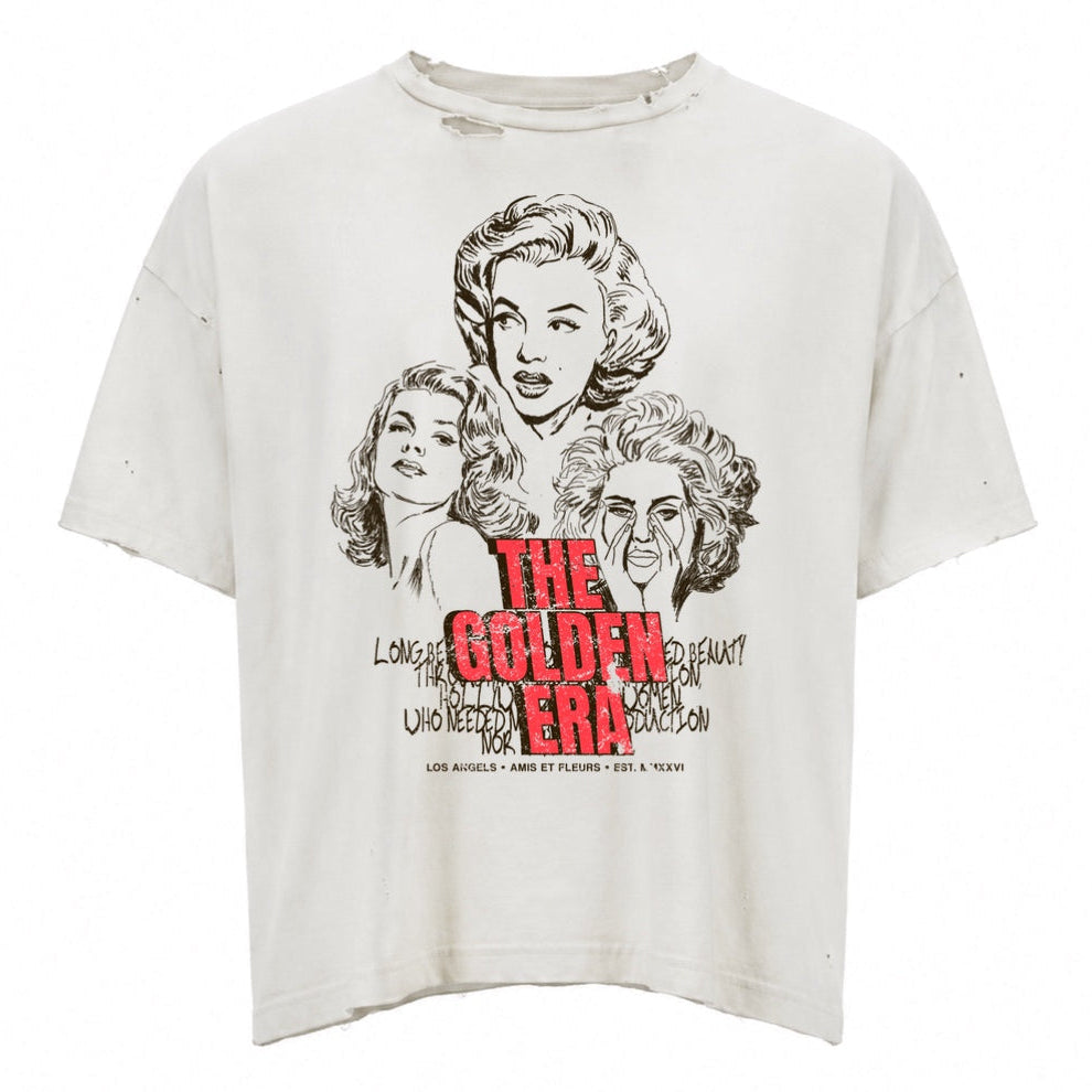 Amis et Fleurs Vintage White The Golden Era T-Shirt, off-white tee with sketched faces and red THE GOLDEN ERA lettering