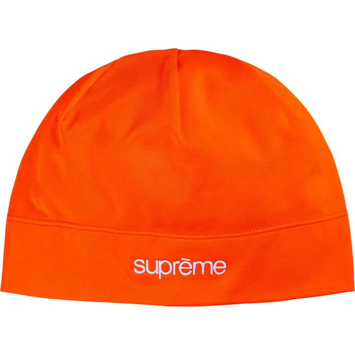 Supreme Base Layer beanie in bright orange stretch fabric with a white Supreme logo at the front hem