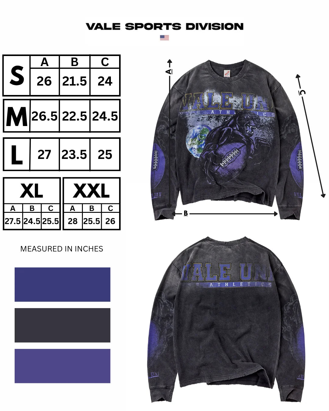 Vale Kountry Long Sleeve size chart showing length, width and sleeve columns with colour swatches