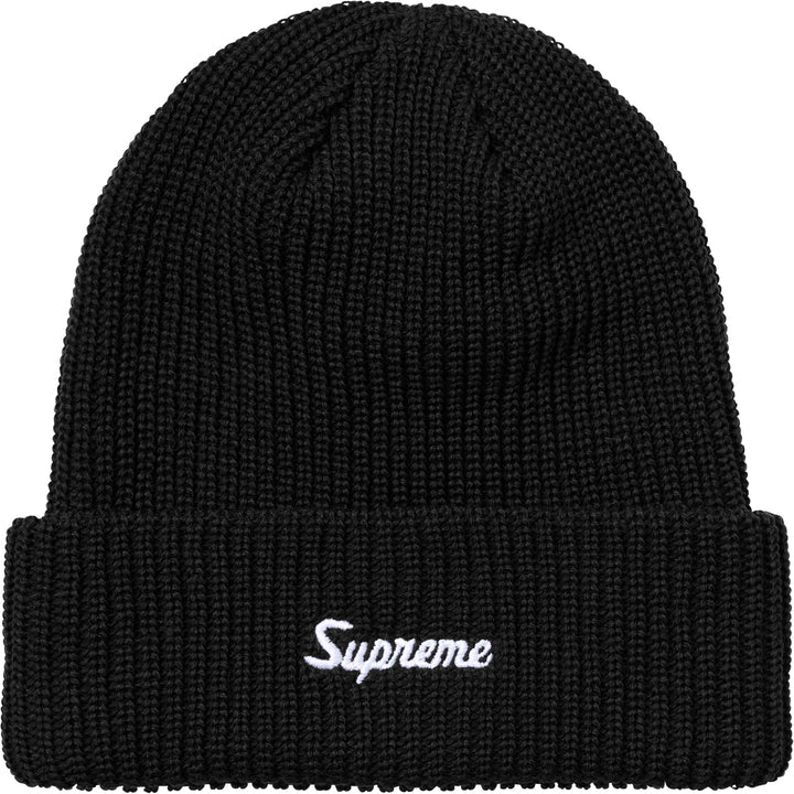 Black chunky loose gauge ribbed beanie with white Supreme script on the cuff