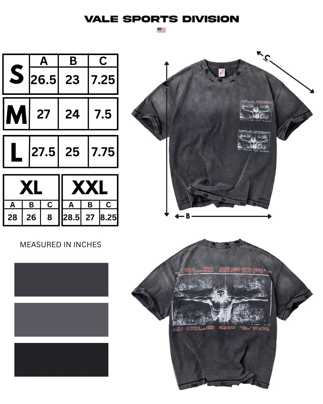 Vale Sports Division size chart for the Holy Spirit Tee, listing body length, width and sleeve length
