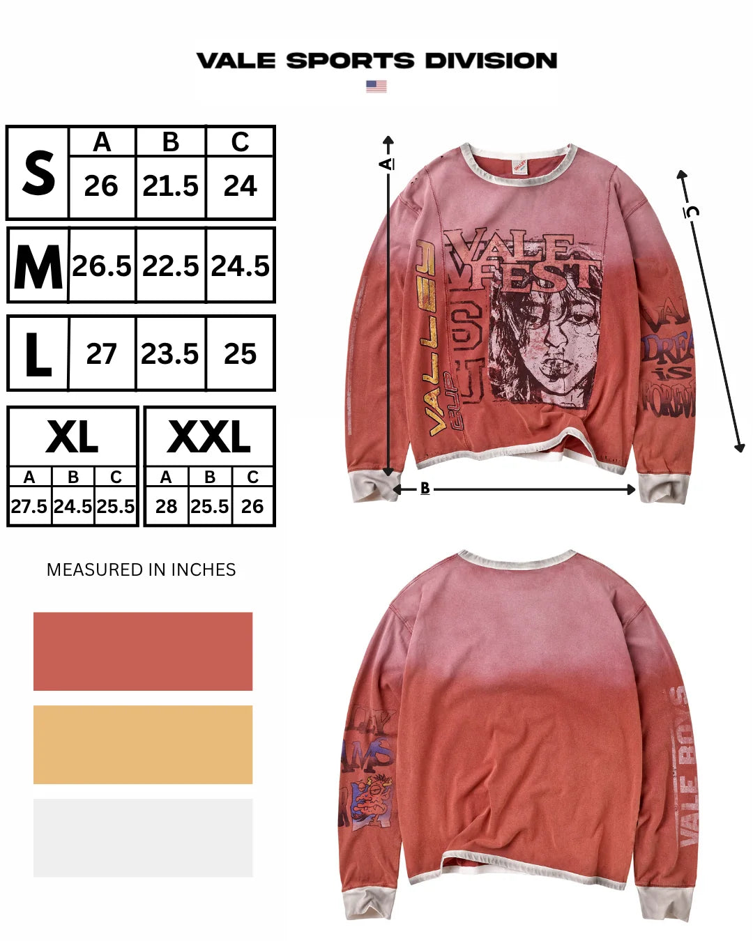 Vale Sports Division size chart for the Hot Mess Long Sleeve, listing body length, width and sleeve length