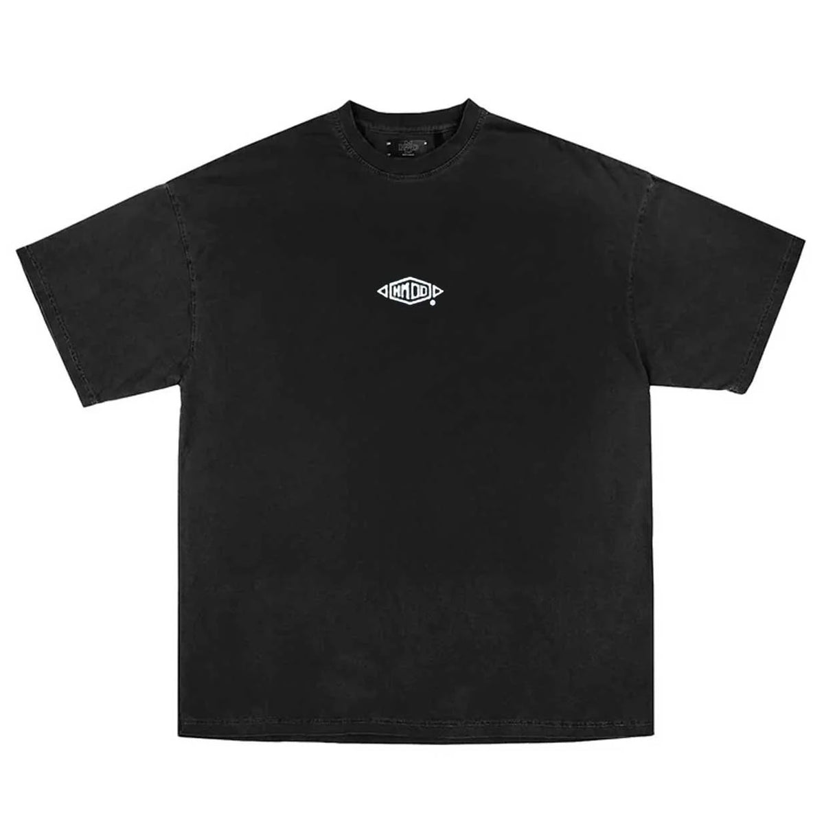 Washed black oversized tee with a small white HMDD diamond logo at centre chest