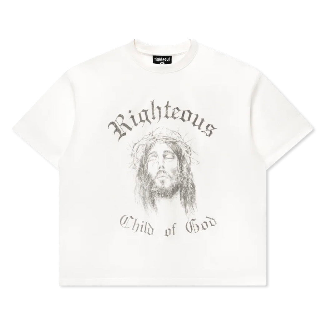 We Are Righteous Child of God T-Shirt front — cream tee with a pencil-sketch Christ portrait and blackletter text