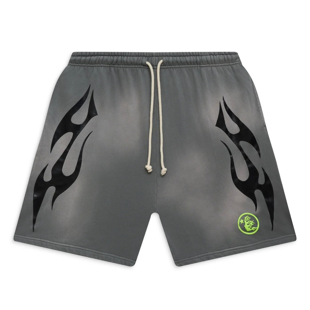 Hellstar Grey Black Green Flame Shorts