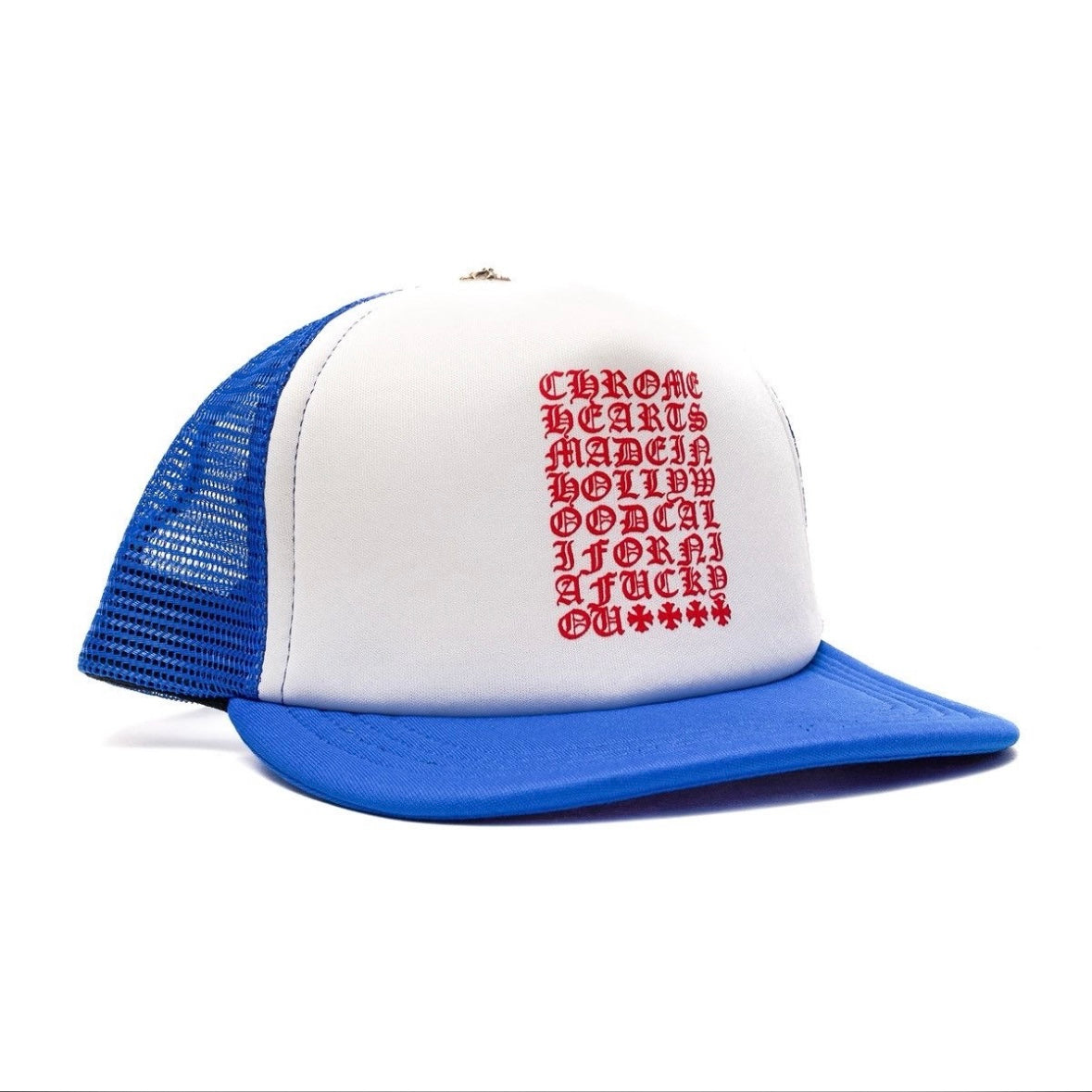 Chrome Hearts Blue White Red Eyechart Trucker Hat
