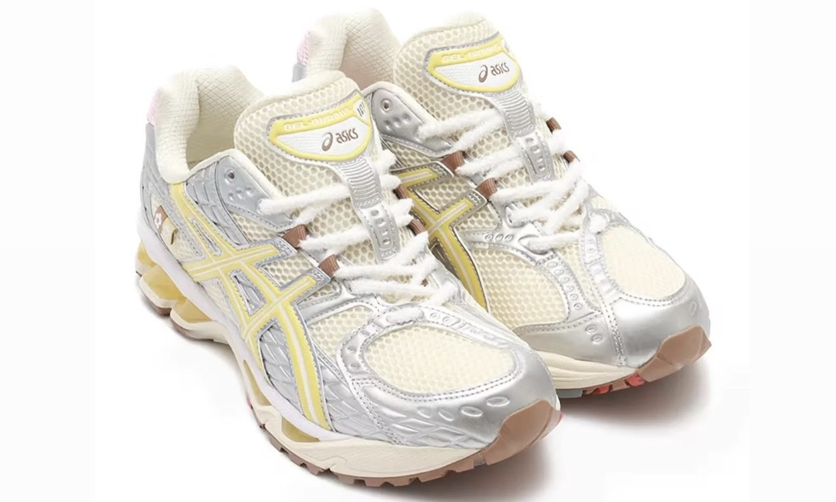 Asics Gel-Nimbus 10.1 Vandy The Pink Atmos Banana Split, pair angled forward with cream uppers, banana-yellow stripes and pink trim