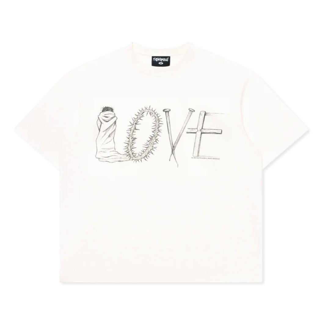 We Are Righteous Greater Love T-Shirt front — cream tee where LOVE is drawn from a kneeling figure, thorns and a cross