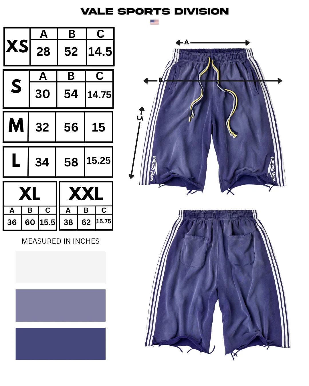 Vale Sports Division size chart for the Stripe 3/4 Shorts, listing waist, hip and length in inches