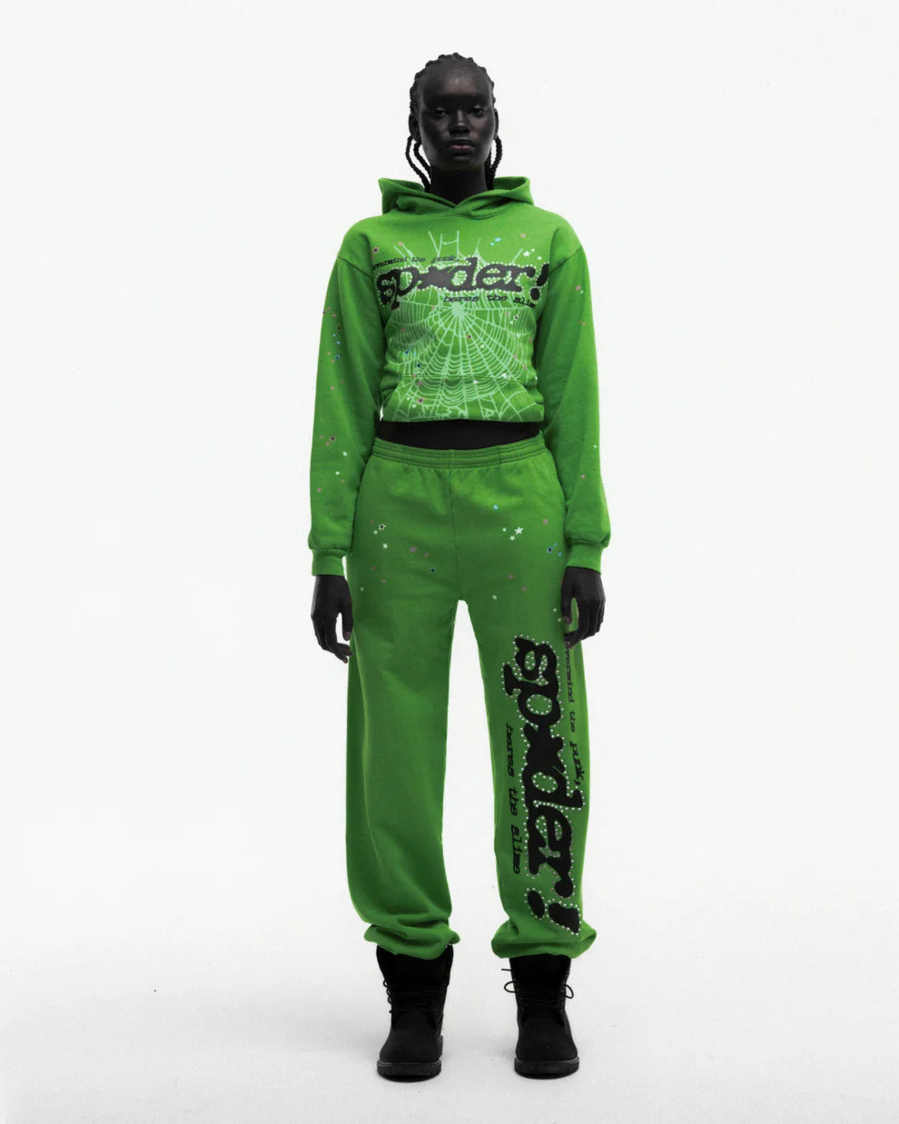 Sp5der Bright Green Punk V2 Rhinestone Hoodie