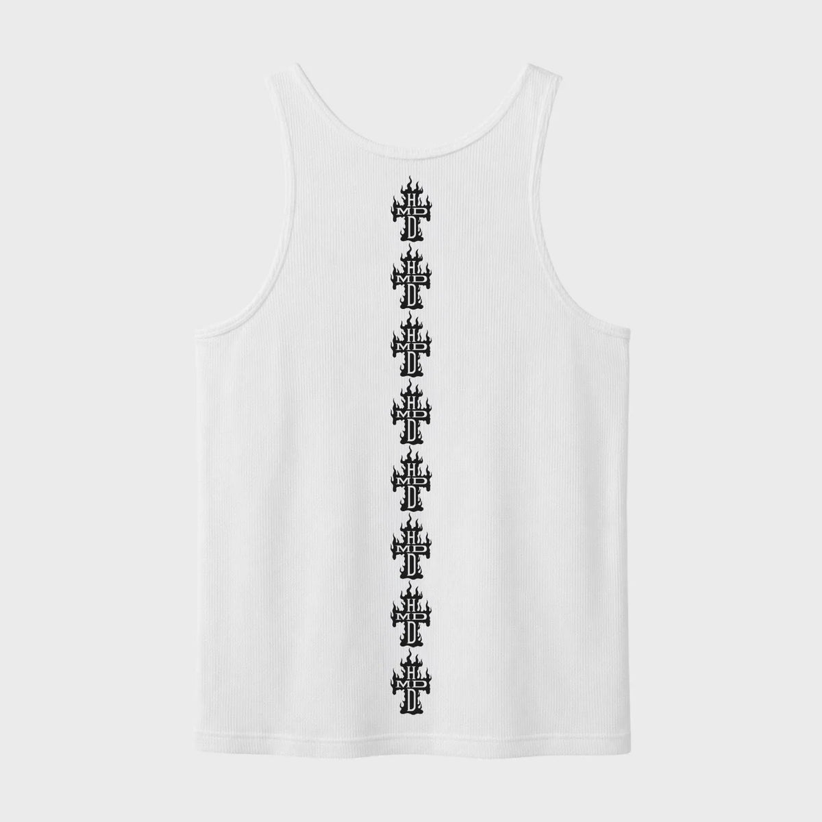 HMDD White Holy Ghost Tank back — vertical column of small black gothic crosses down the centre back