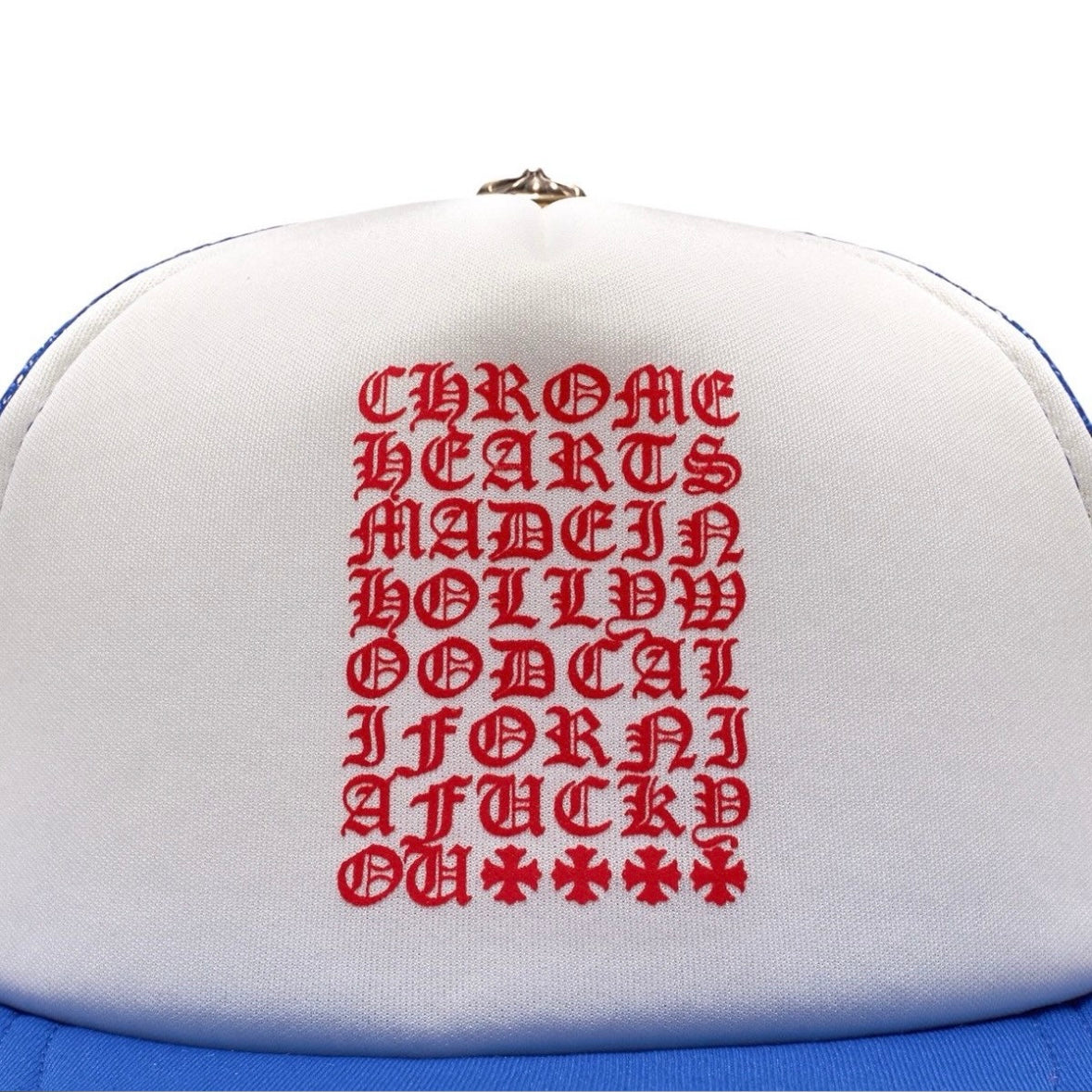 Chrome Hearts Blue White Red Eyechart Trucker Hat