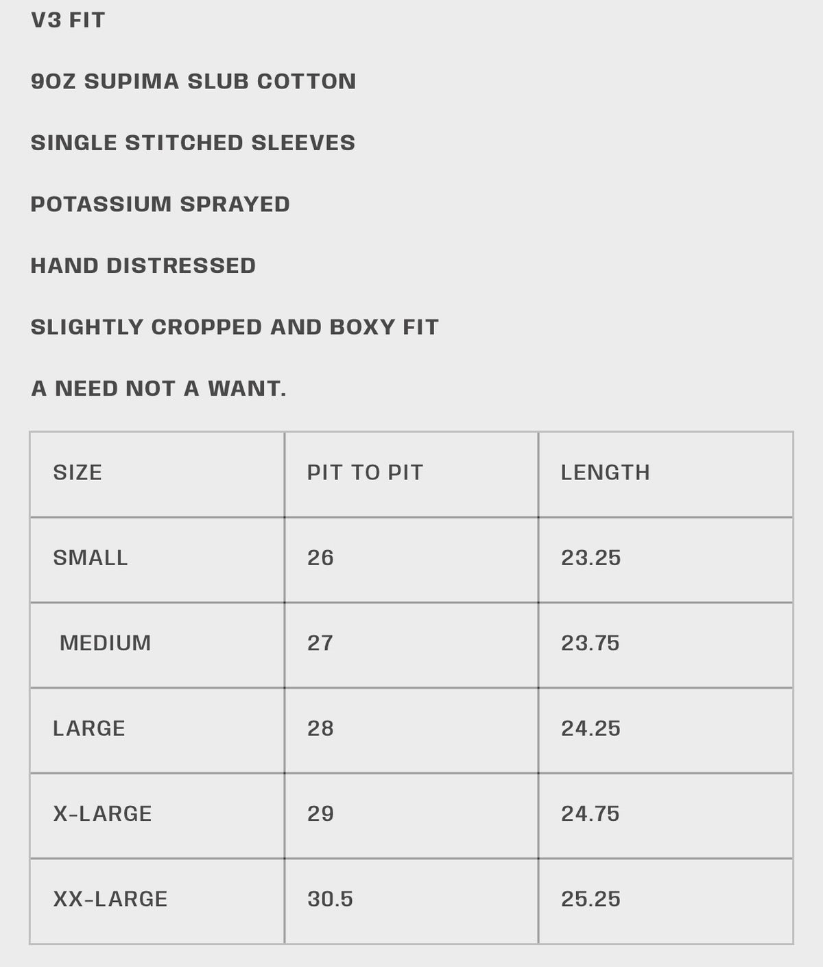 HMDD tee spec card with fabric notes and a size chart listing pit to pit and length in inches