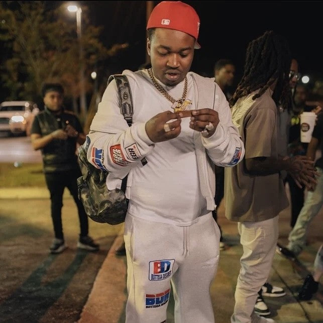 Bottega Desires Grey Patches Zip Hoodie On Body