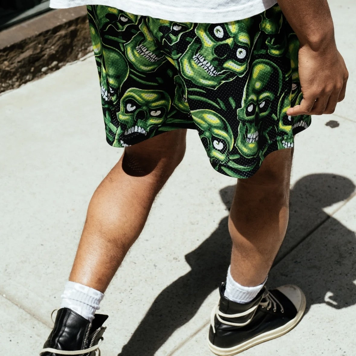 Bravest Studios Green Skully Shorts On Body