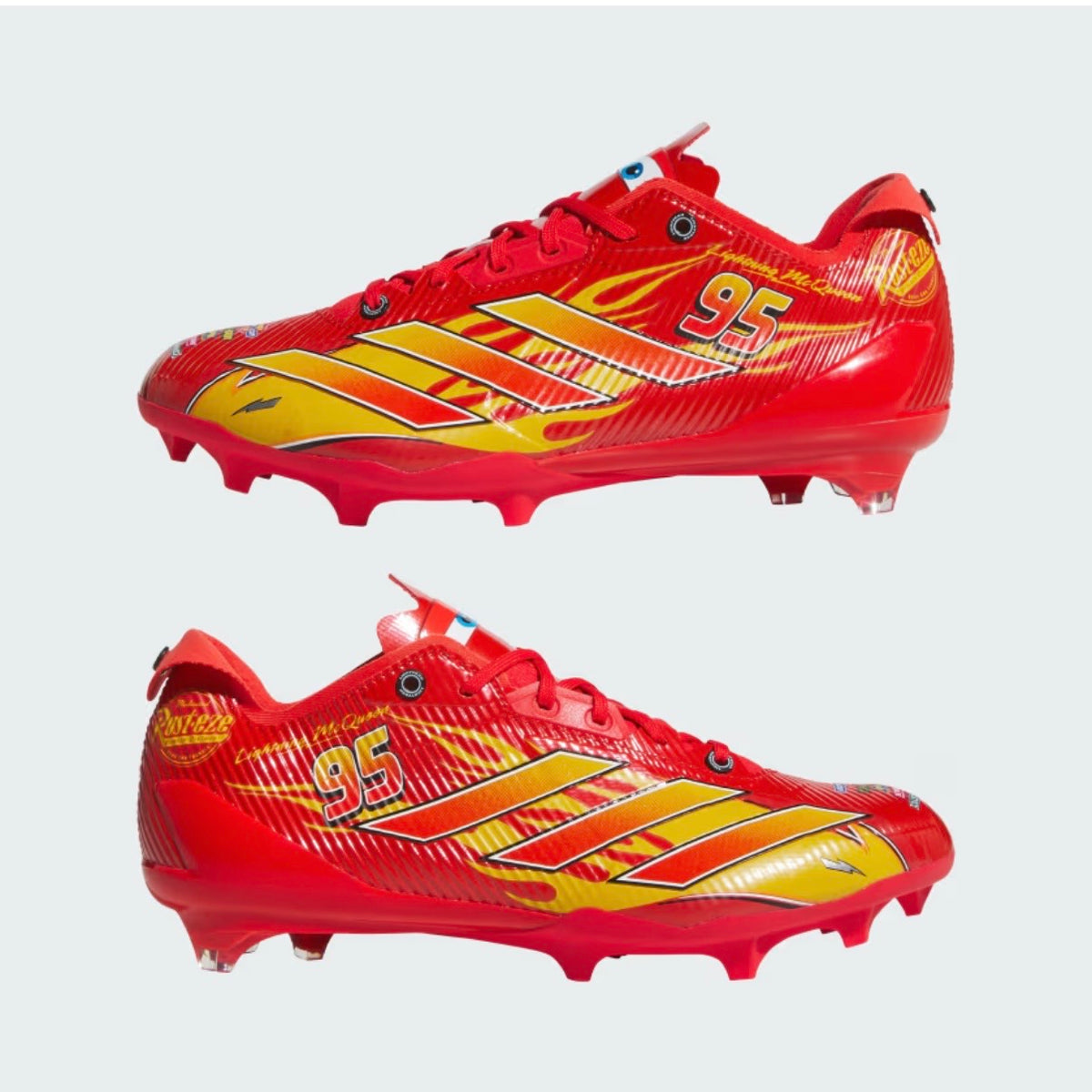 Adidas Pixar Cars Adizero Electric II cleats — two-up composite of a lateral view and a second angled view
