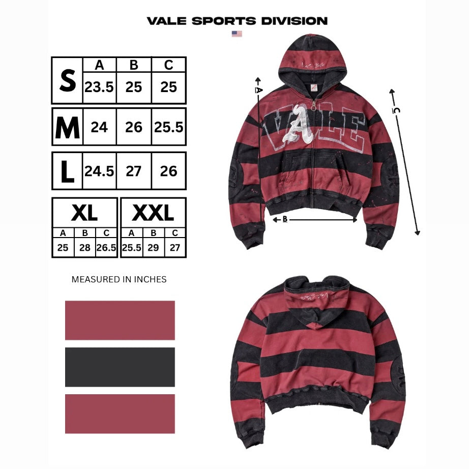 Vale Sports Division size chart for the ATL Zip Up, listing body length, width and sleeve length in inches